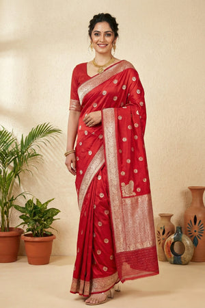 Classic Bridal Red Pure Silk Saree with Gold Zari Buttas
