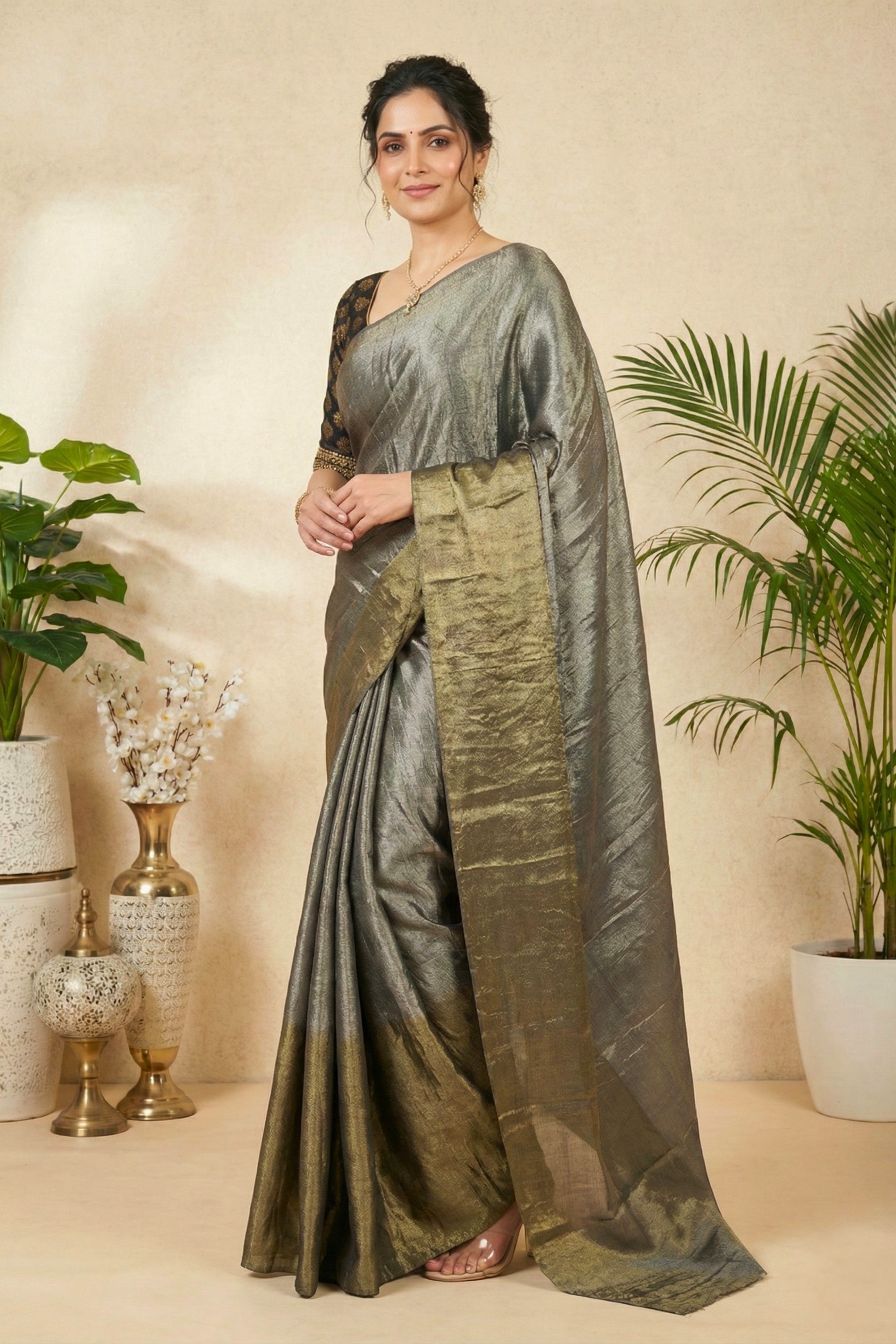 Metallic Grey Soft Tissue Saree