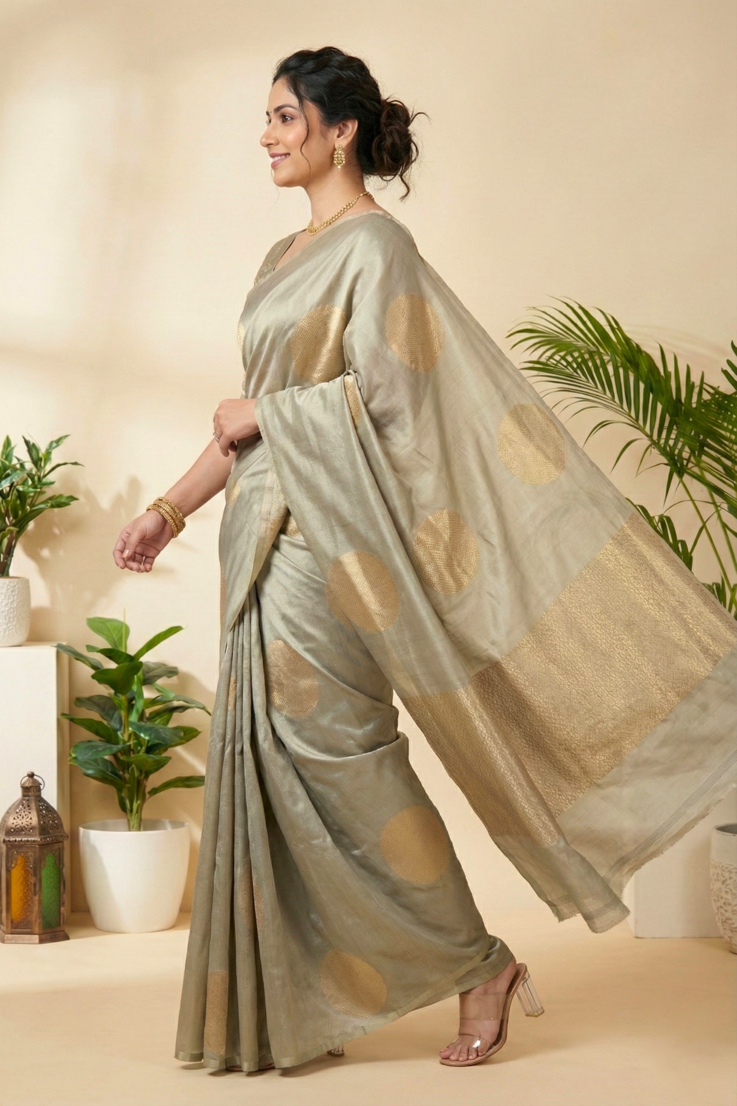 Sage Green Polka Dot Soft Silk Saree