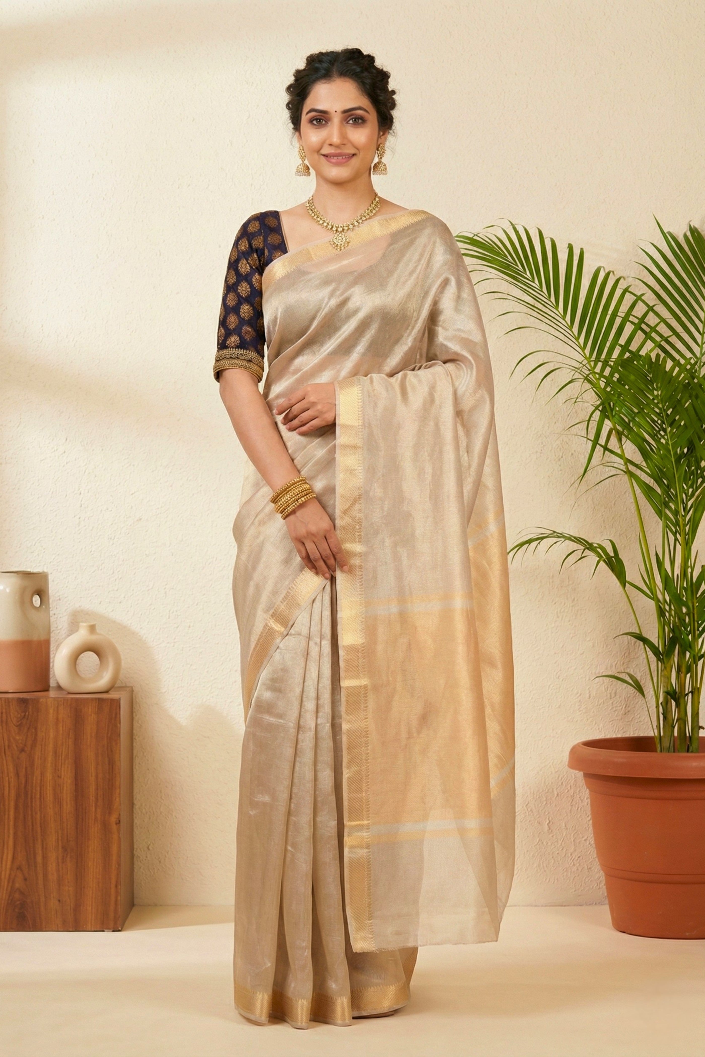 Luminous Silver-Beige Pure Tissue Silk Saree with Gold Weaves