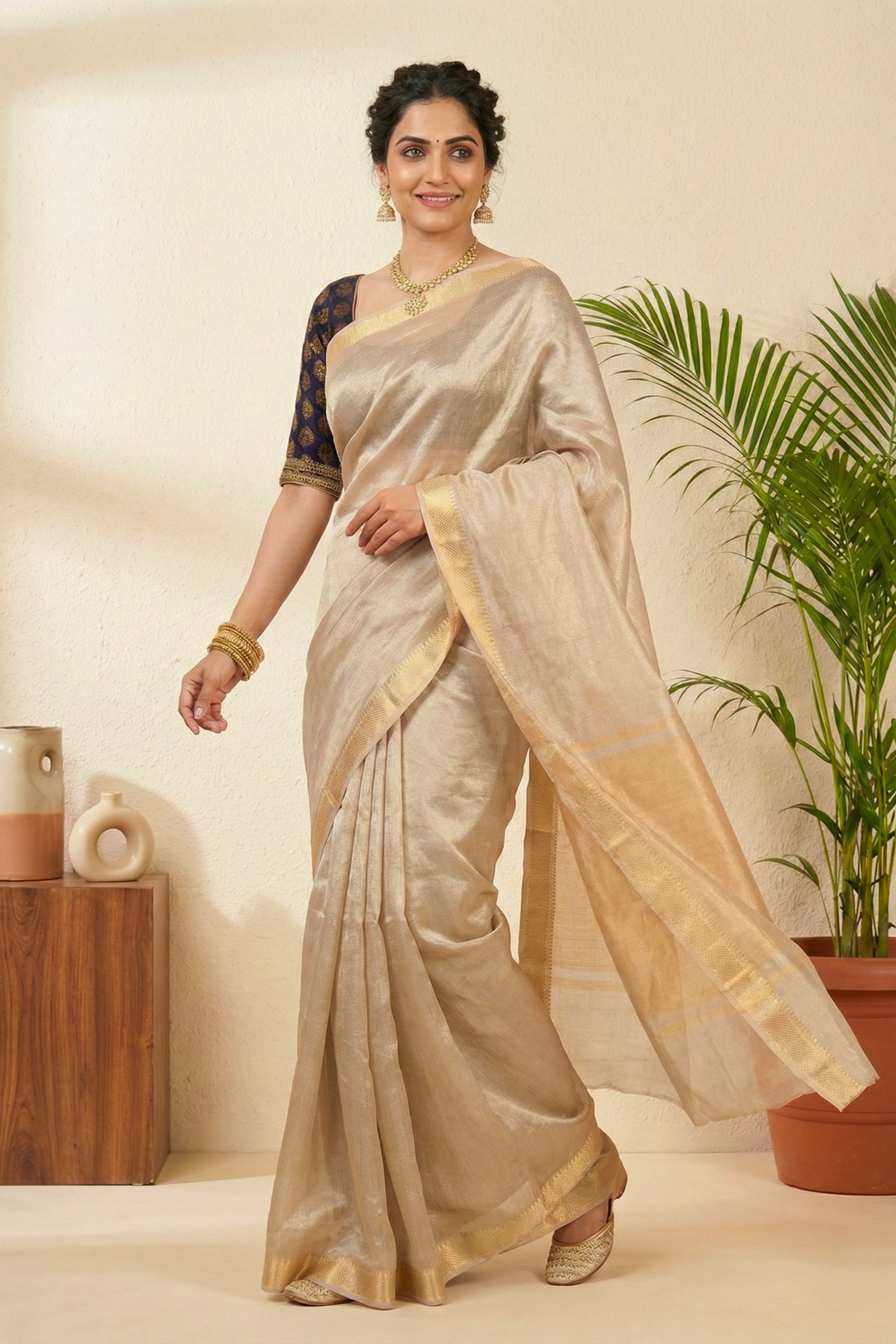 Luminous Silver-Beige Pure Tissue Silk Saree with Gold Weaves