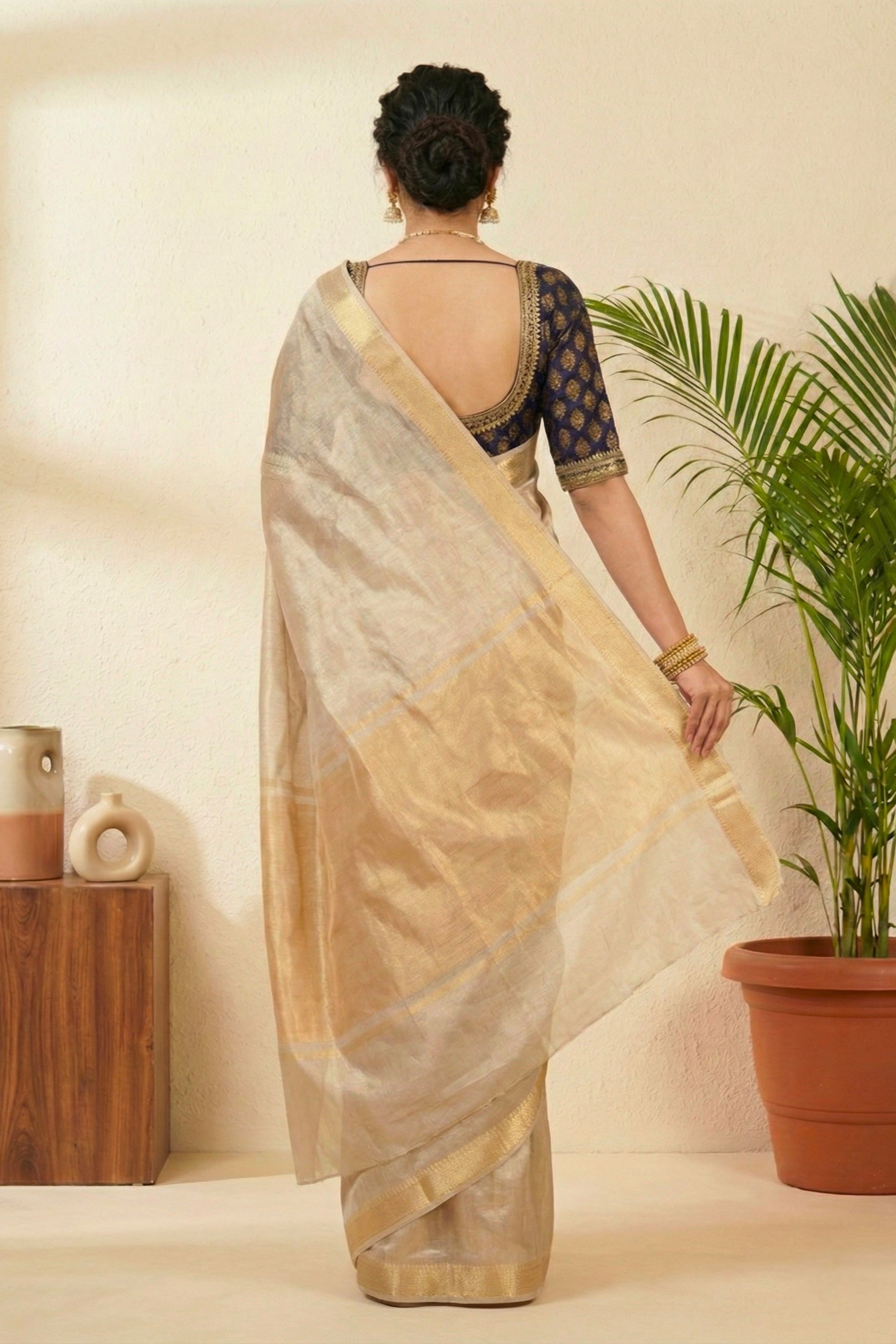 Luminous Silver-Beige Pure Tissue Silk Saree with Gold Weaves