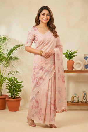 Peach Bloom Floral Printed Cotton Chanderi Saree
