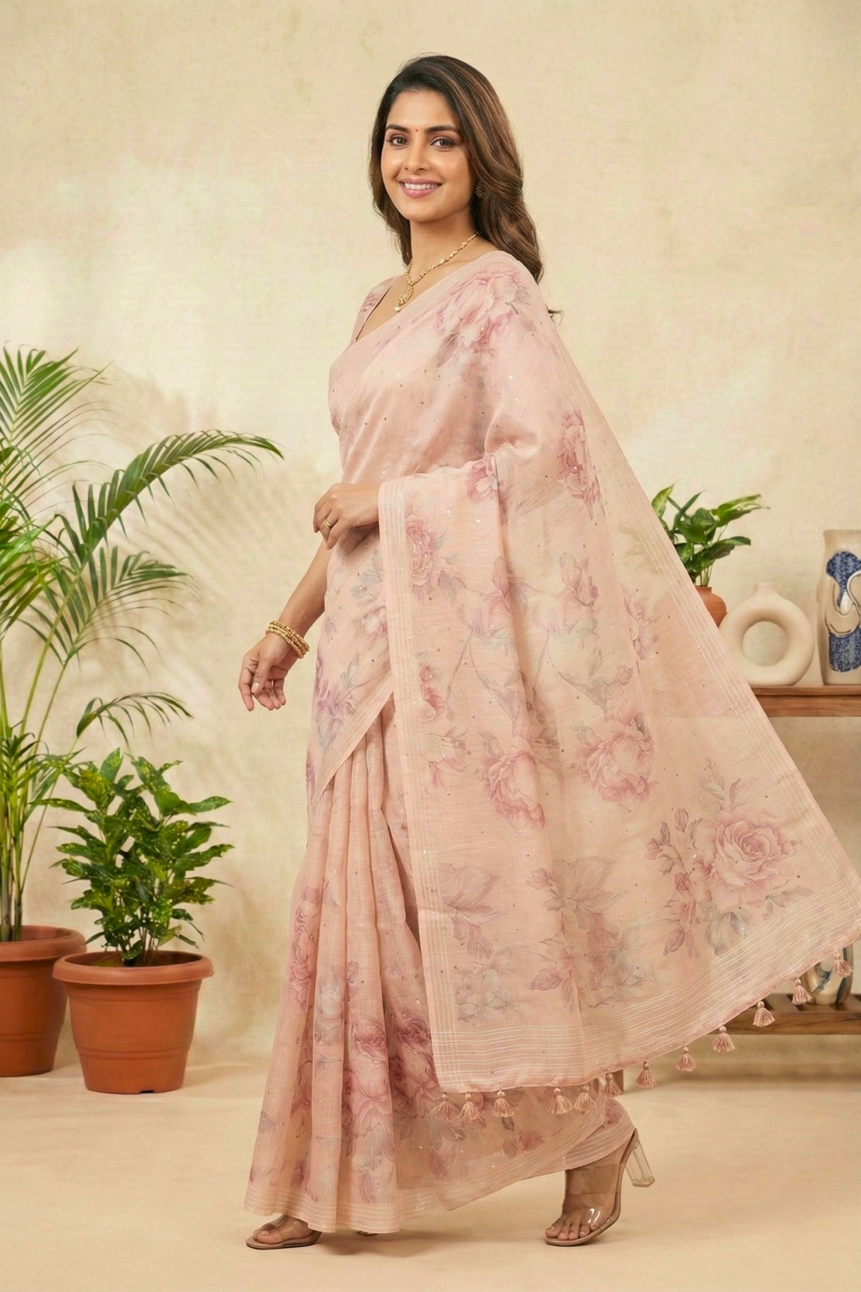 Peach Bloom Floral Printed Cotton Chanderi Saree