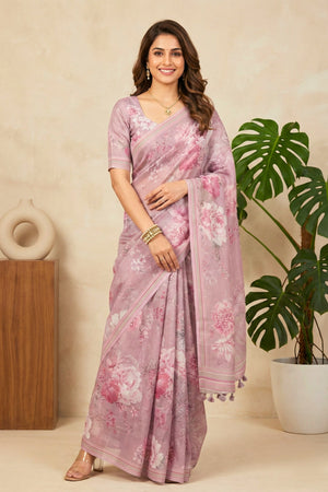 Lavender Floral Printed Cotton Chanderi Saree