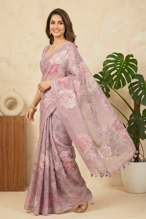 Lavender Floral Printed Cotton Chanderi Saree