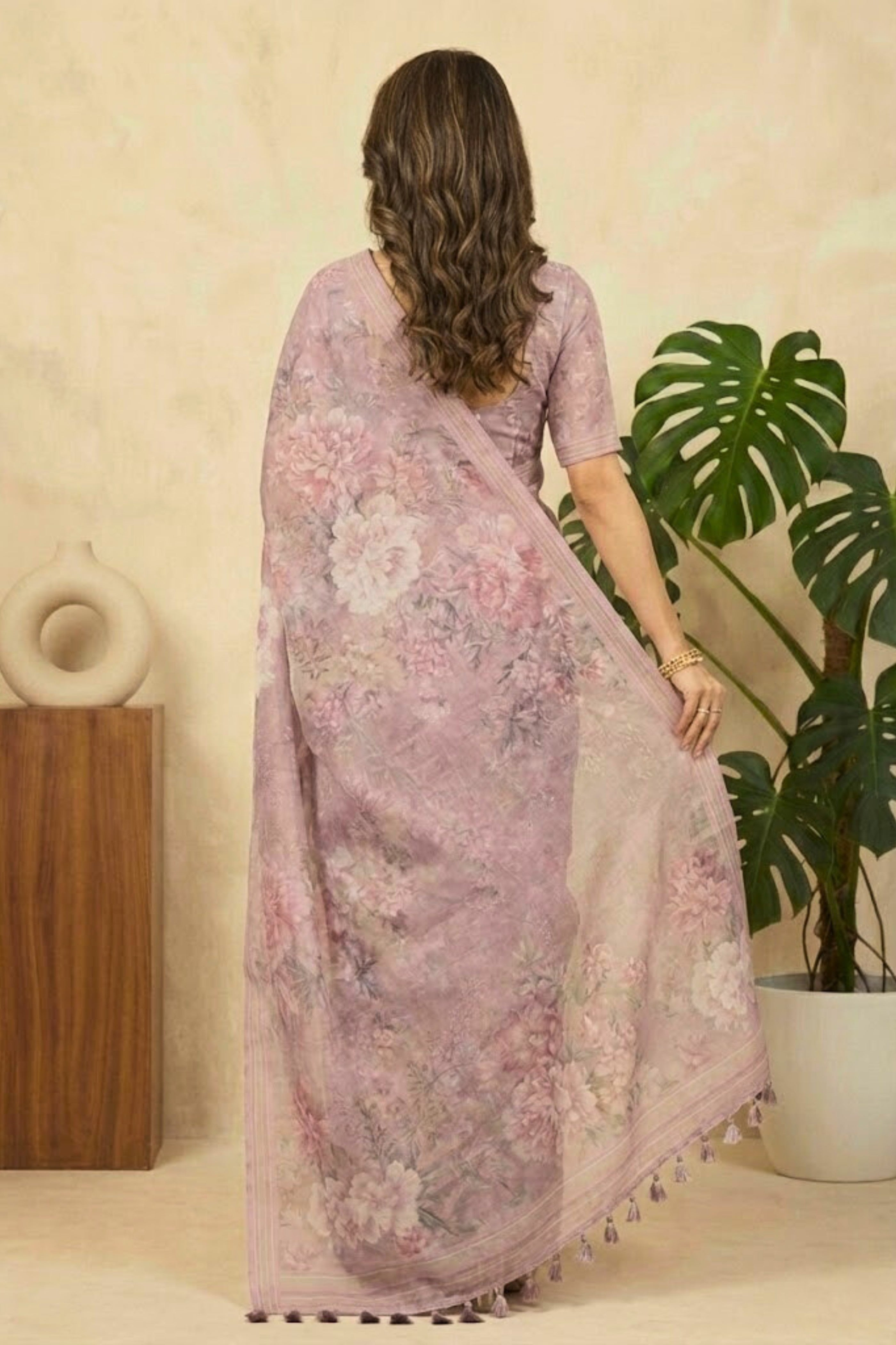 Lavender Floral Printed Cotton Chanderi Saree
