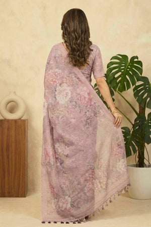 Lavender Floral Printed Cotton Chanderi Saree