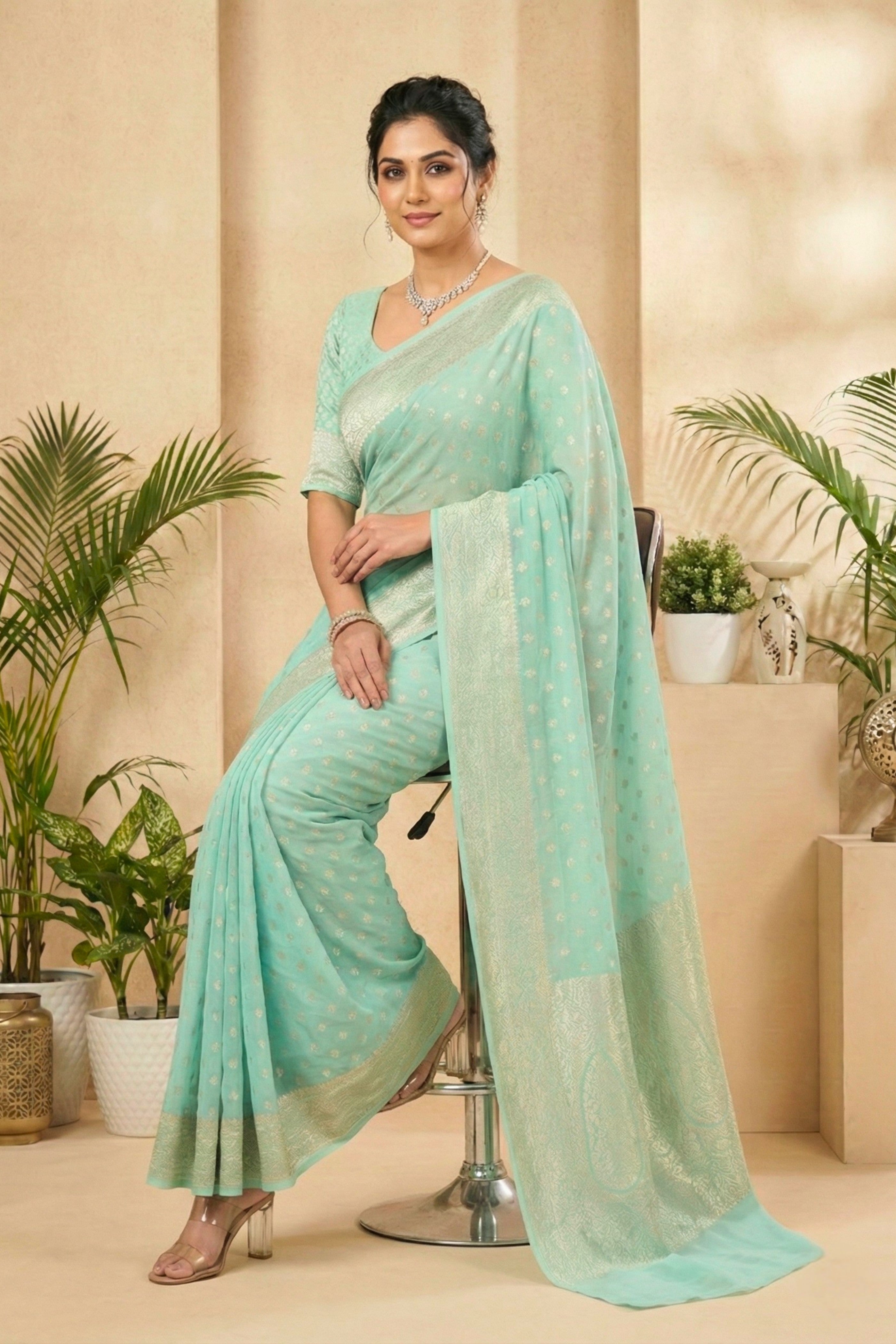 Serene Aqua Blue Georgette Saree