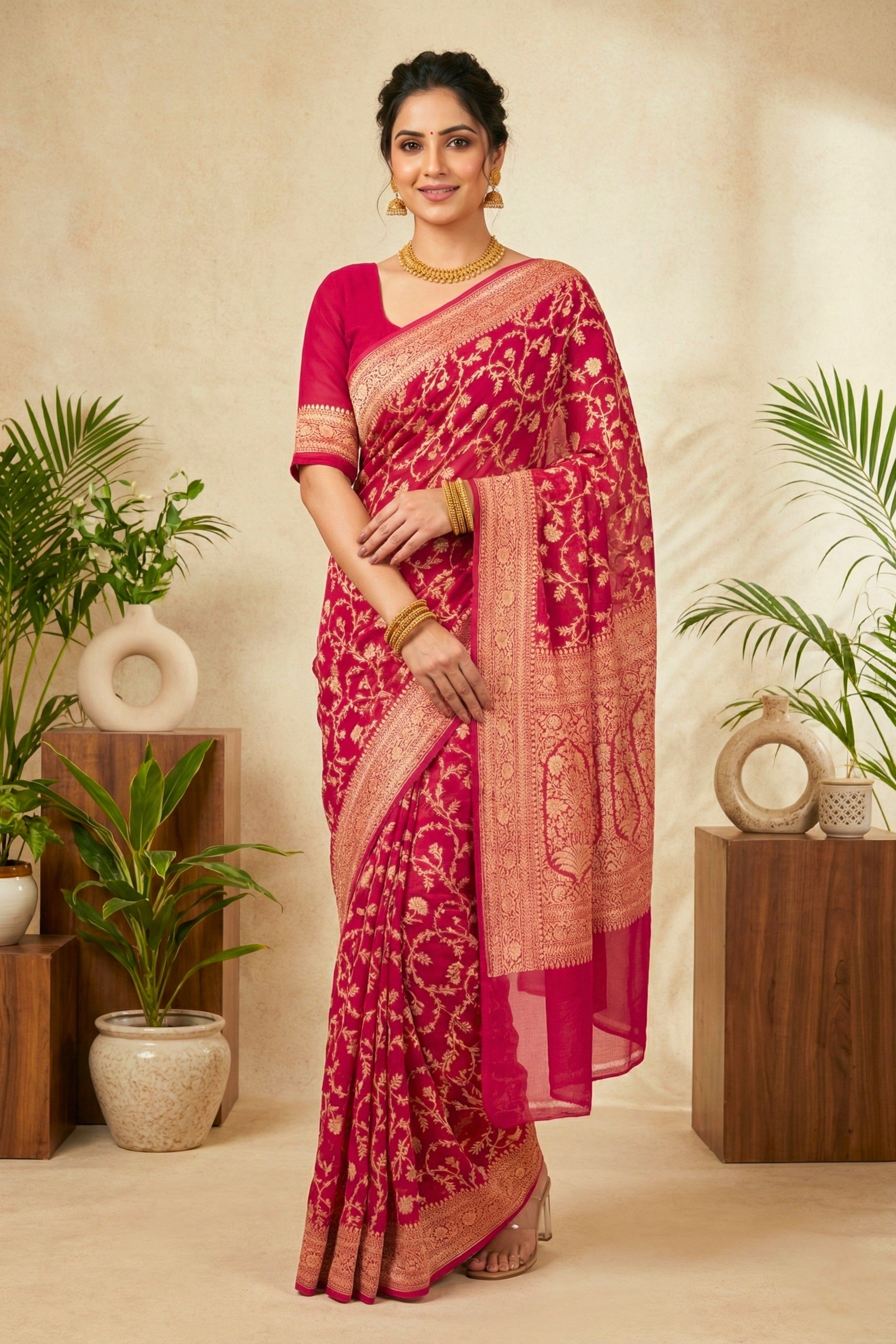 Fuchsia Pink Georgette Saree
