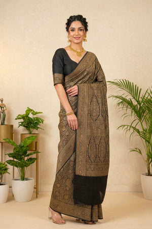 Jet Black and Antique Gold Crepe Saree