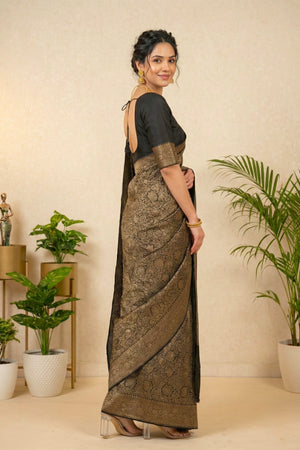 Jet Black and Antique Gold Crepe Saree
