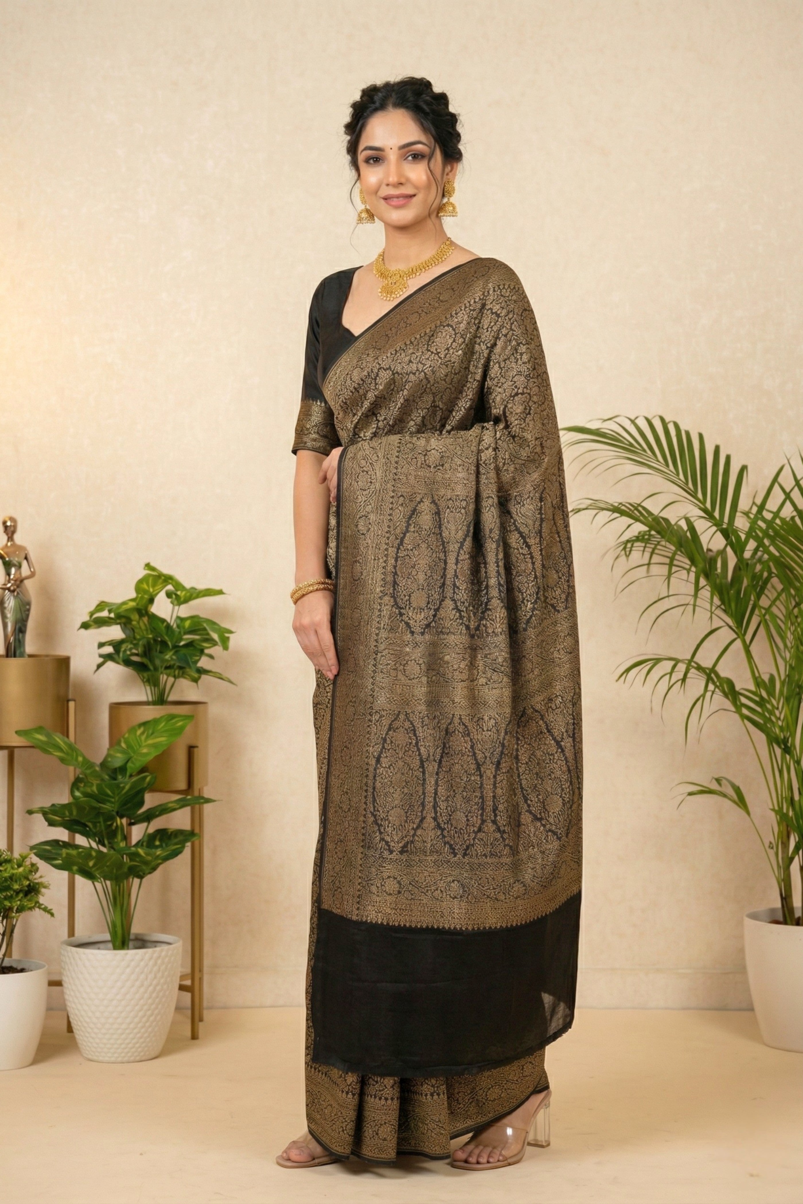 Jet Black and Antique Gold Crepe Saree