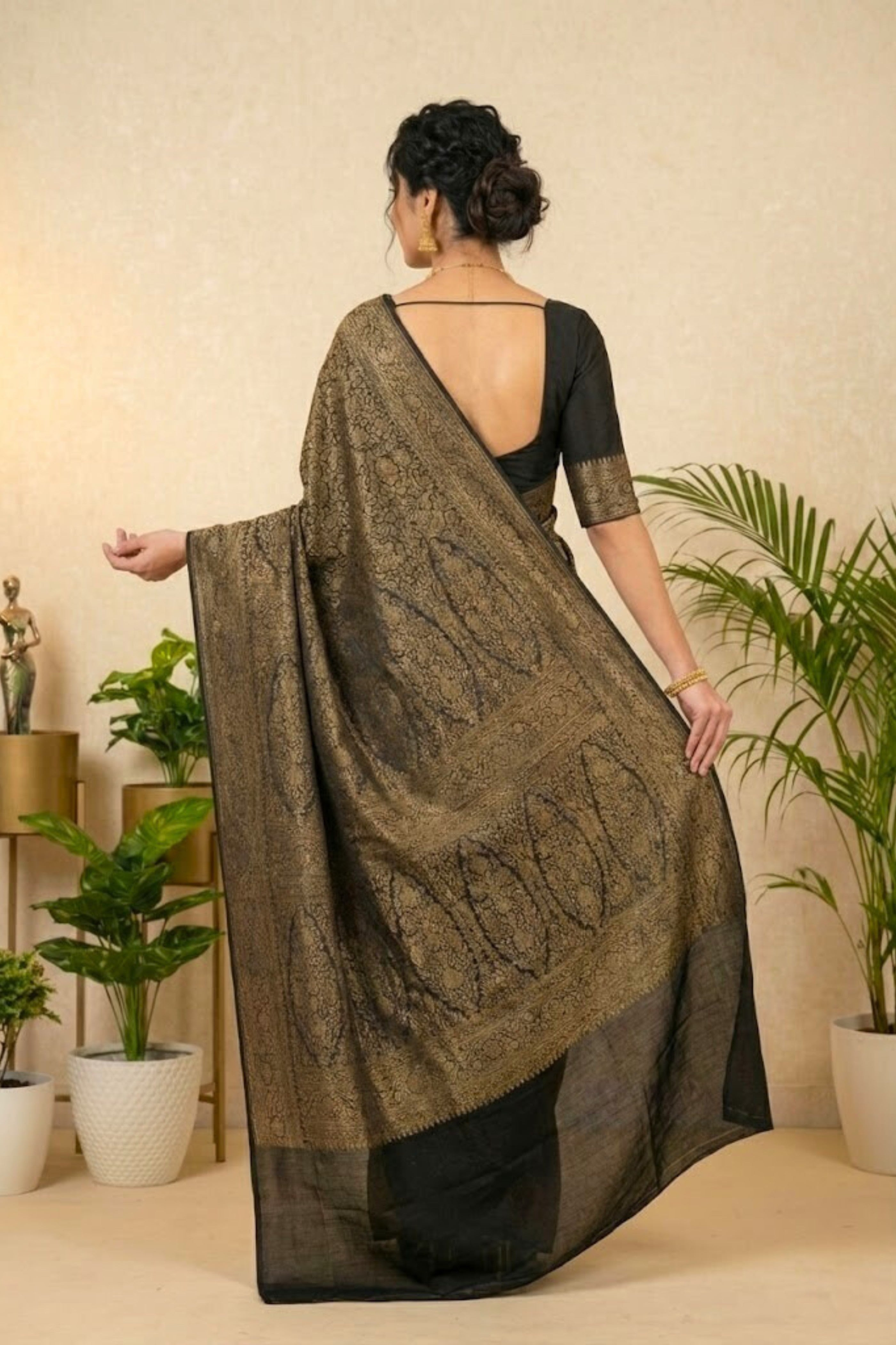 Jet Black and Antique Gold Crepe Saree