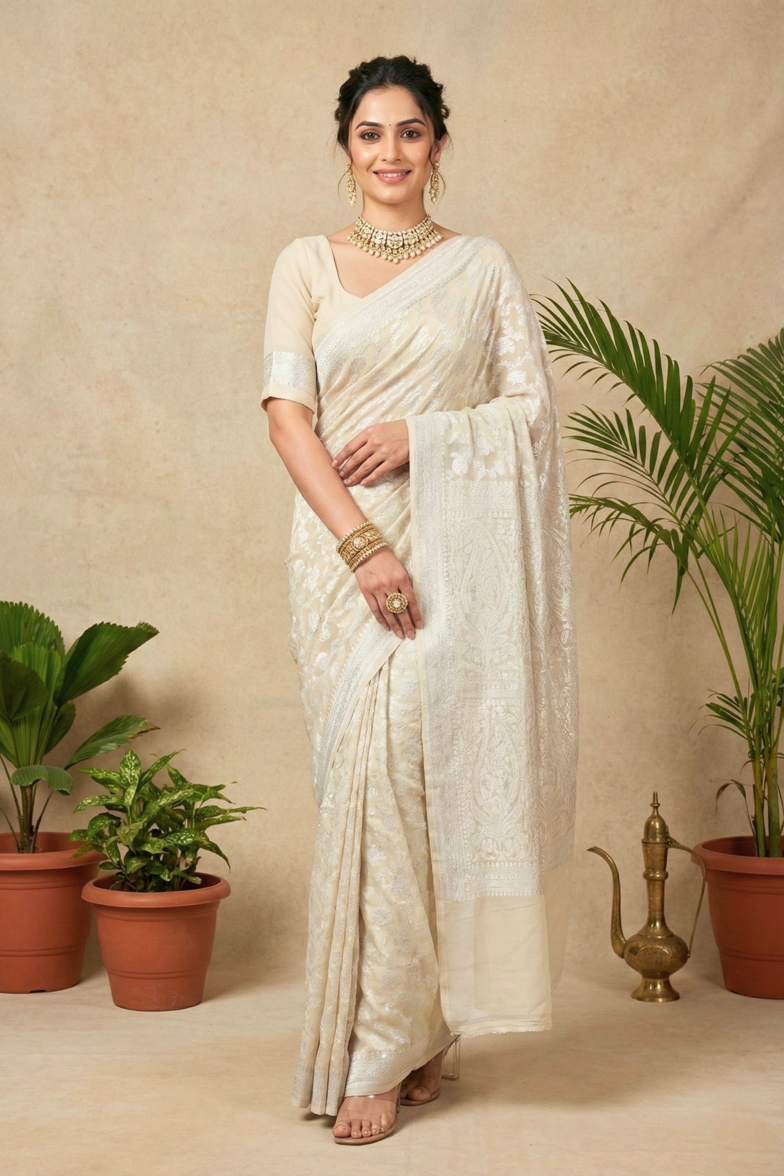 Ivory Cream Banarasi Georgette Saree
