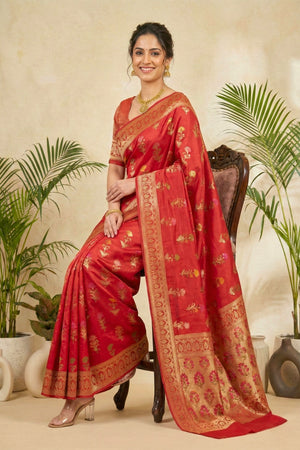 Opulent Crimson Red Semi Silk Saree with Floral Zari Weaves