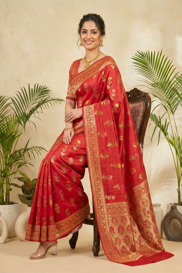 Opulent Crimson Red Semi Silk Saree with Floral Zari Weaves