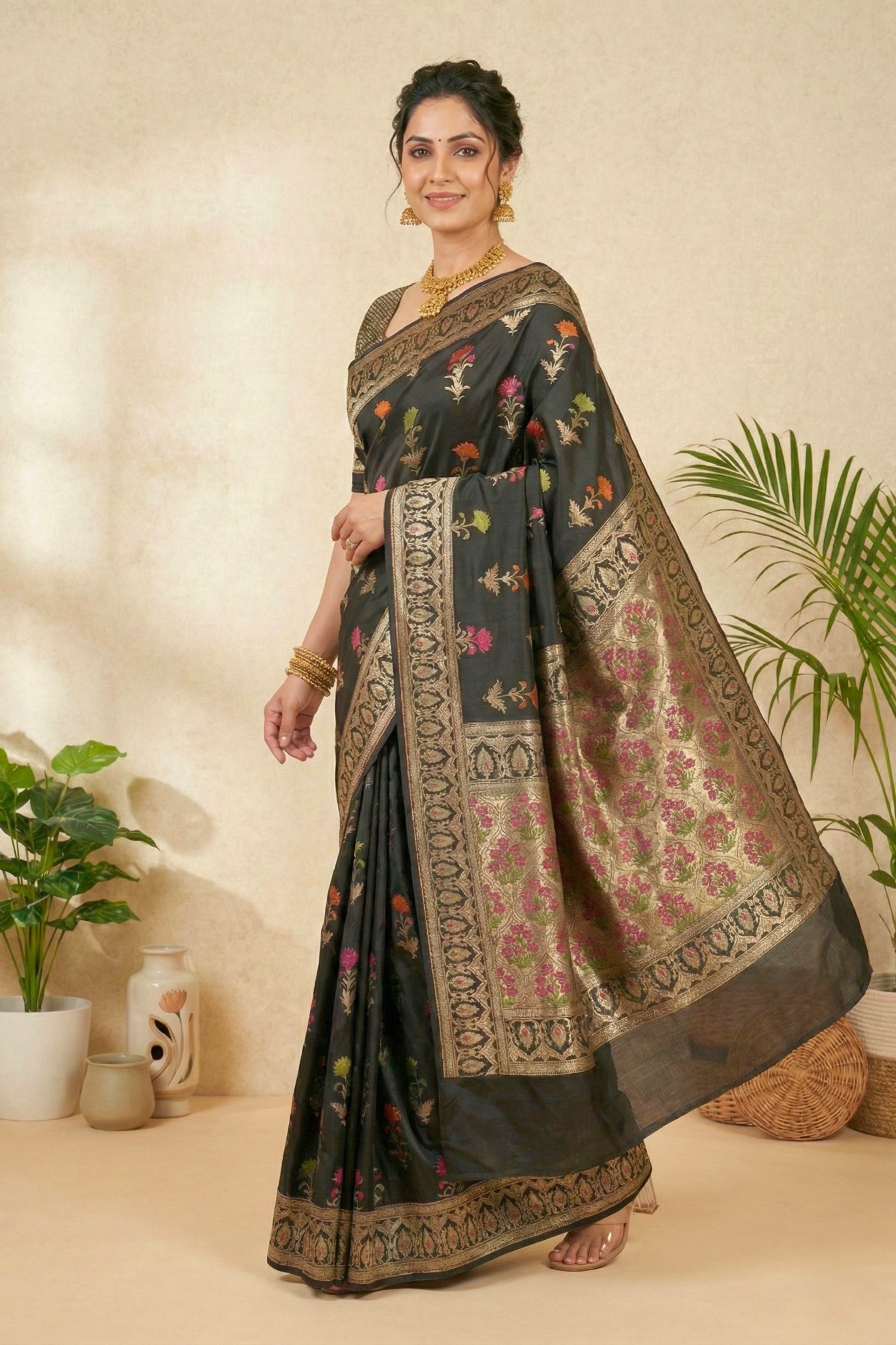 Majestic Black Semi Silk Saree with Multicolor Floral Weaves