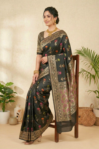Majestic Black Semi Silk Saree with Multicolor Floral Weaves