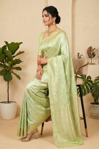 Ethereal Pastel Mint Green Soft Silk Saree with Floral Weaves