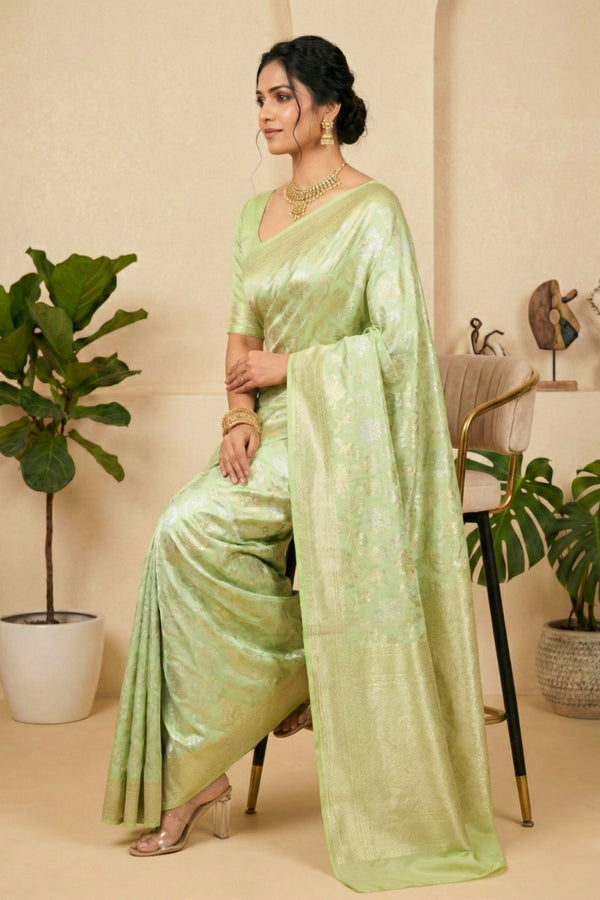 Ethereal Pastel Mint Green Soft Silk Saree with Floral Weaves