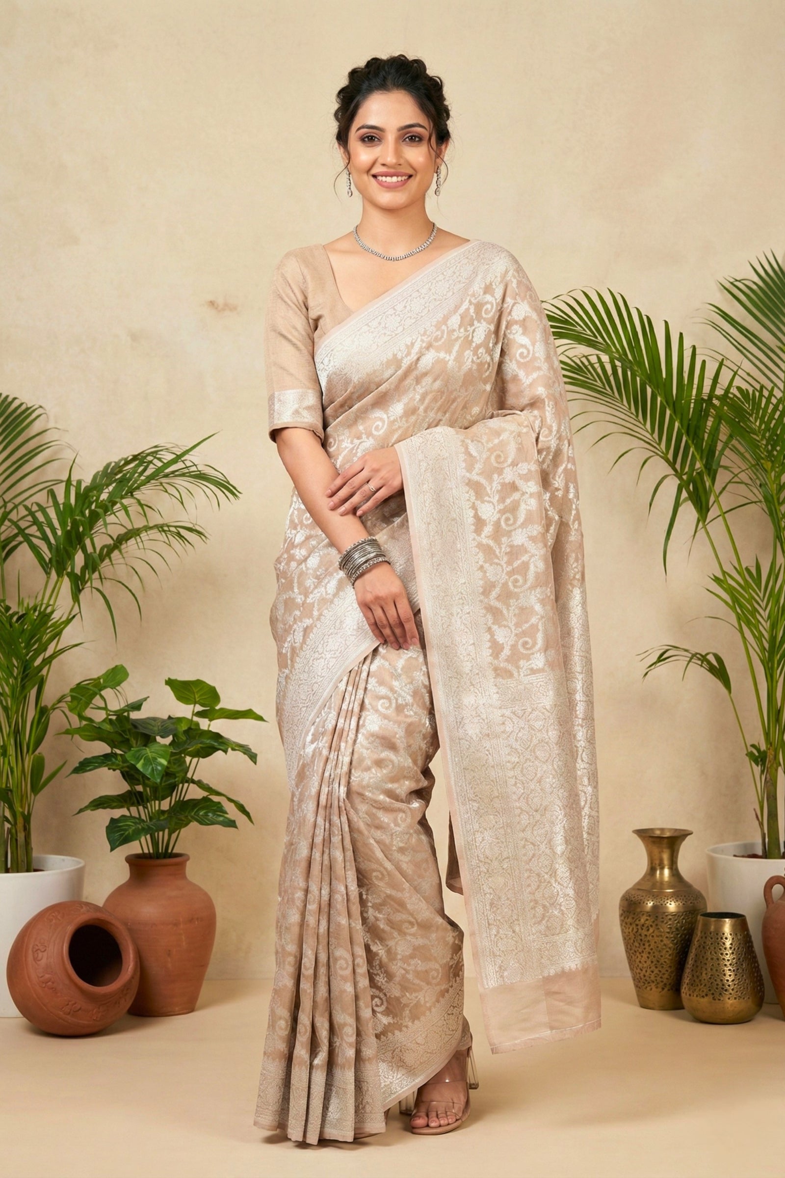 Champagne Beige Georgette Tissue Saree