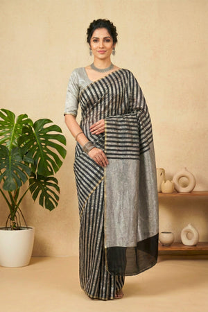 Ebony Black & Metallic Silver Moonga Silk Saree