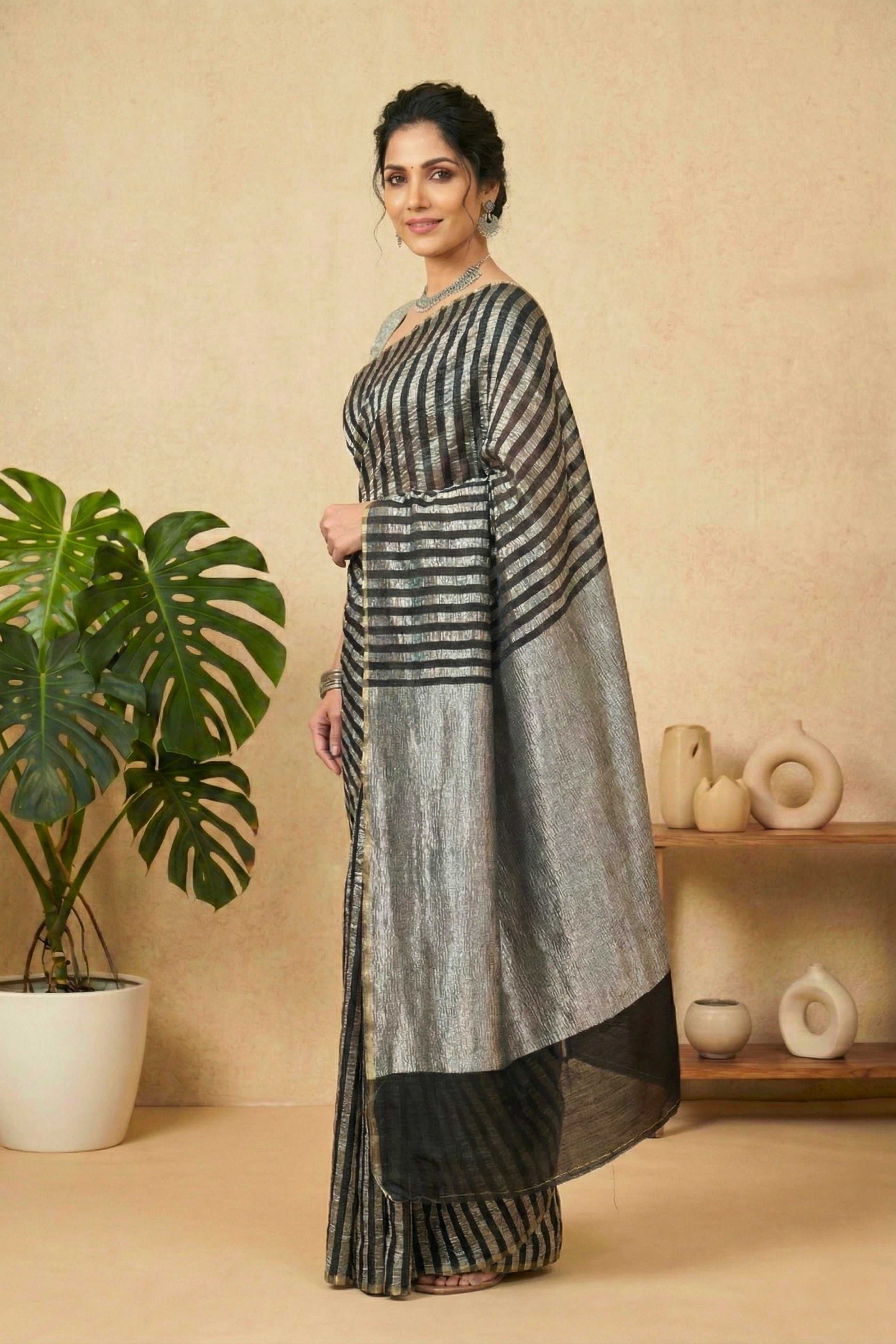 Ebony Black & Metallic Silver Moonga Silk Saree