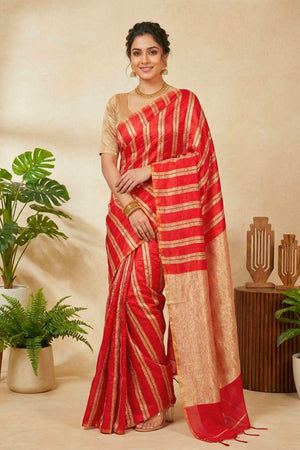 Red with Gold Zari Stripes Raw Mango Silk Saree