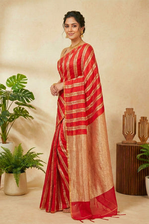Red with Gold Zari Stripes Raw Mango Silk Saree
