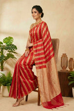 Red with Gold Zari Stripes Raw Mango Silk Saree