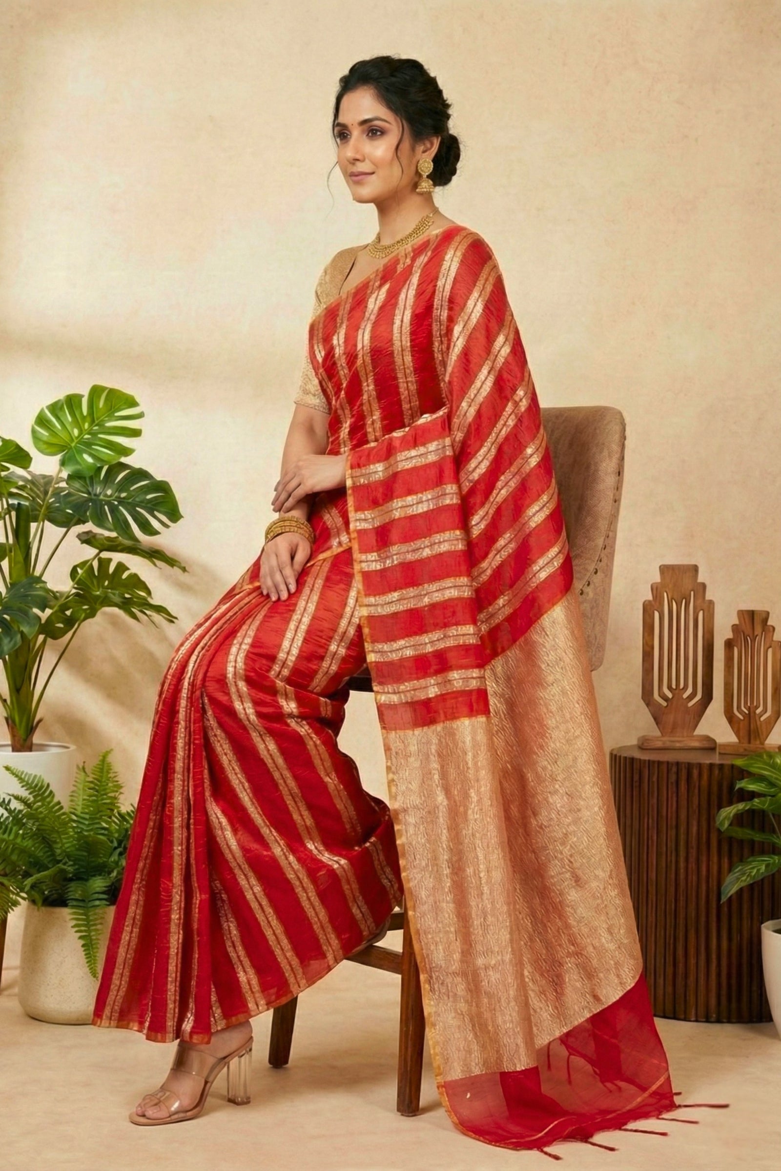 Red with Gold Zari Stripes Raw Mango Silk Saree