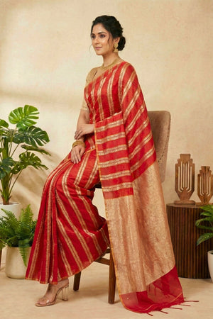 Red with Gold Zari Stripes Raw Mango Silk Saree