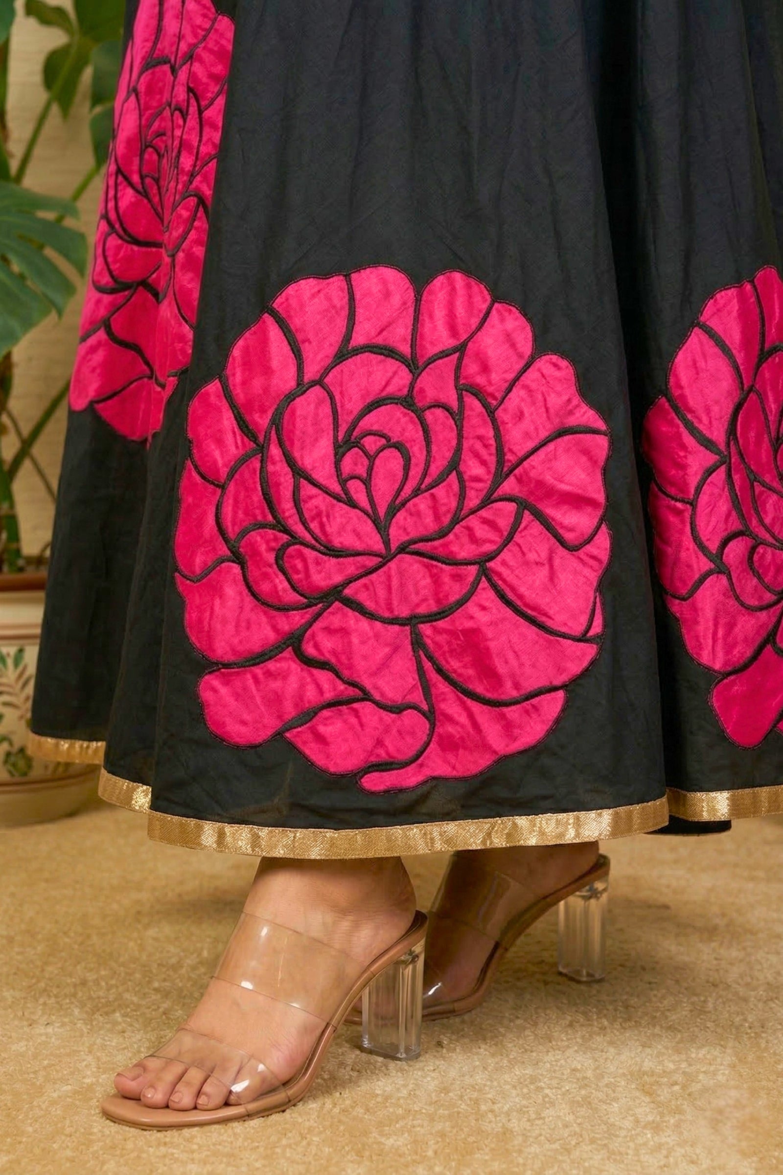Black applique silk gown