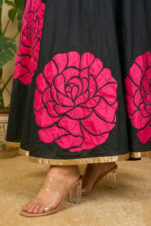 Black applique silk gown