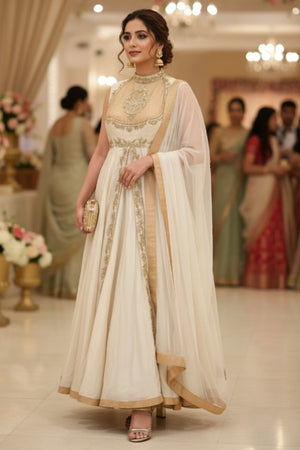 Pearl white and gold Chanderi Anarkali