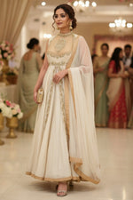 Pearl white and gold Chanderi Anarkali