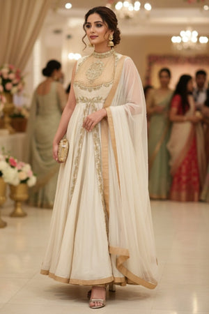 Pearl white and gold Chanderi Anarkali