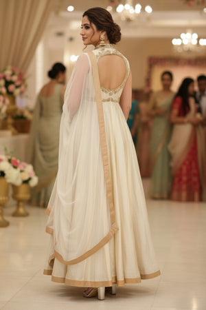 Pearl white and gold Chanderi Anarkali
