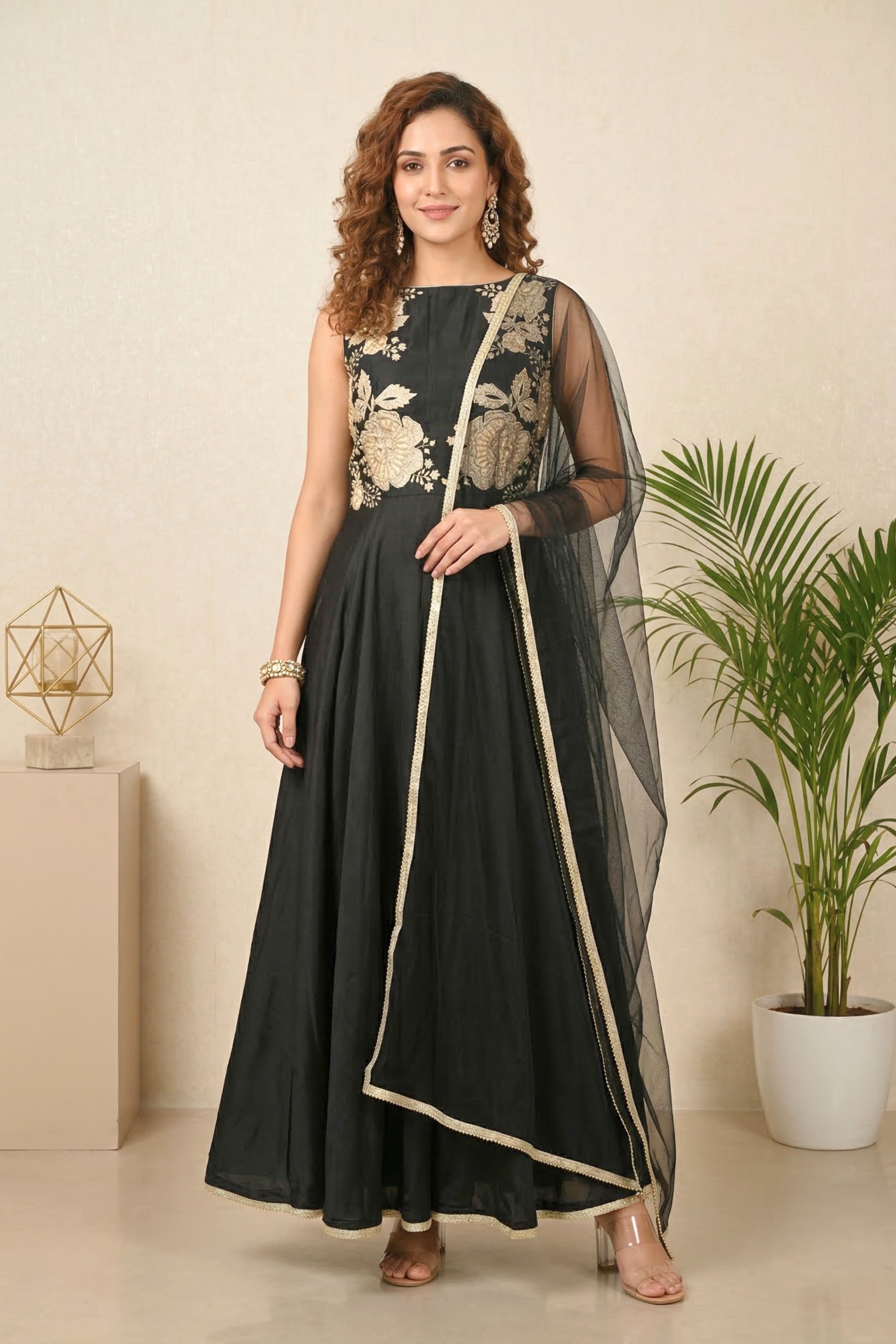 Black and white threadwork gown
