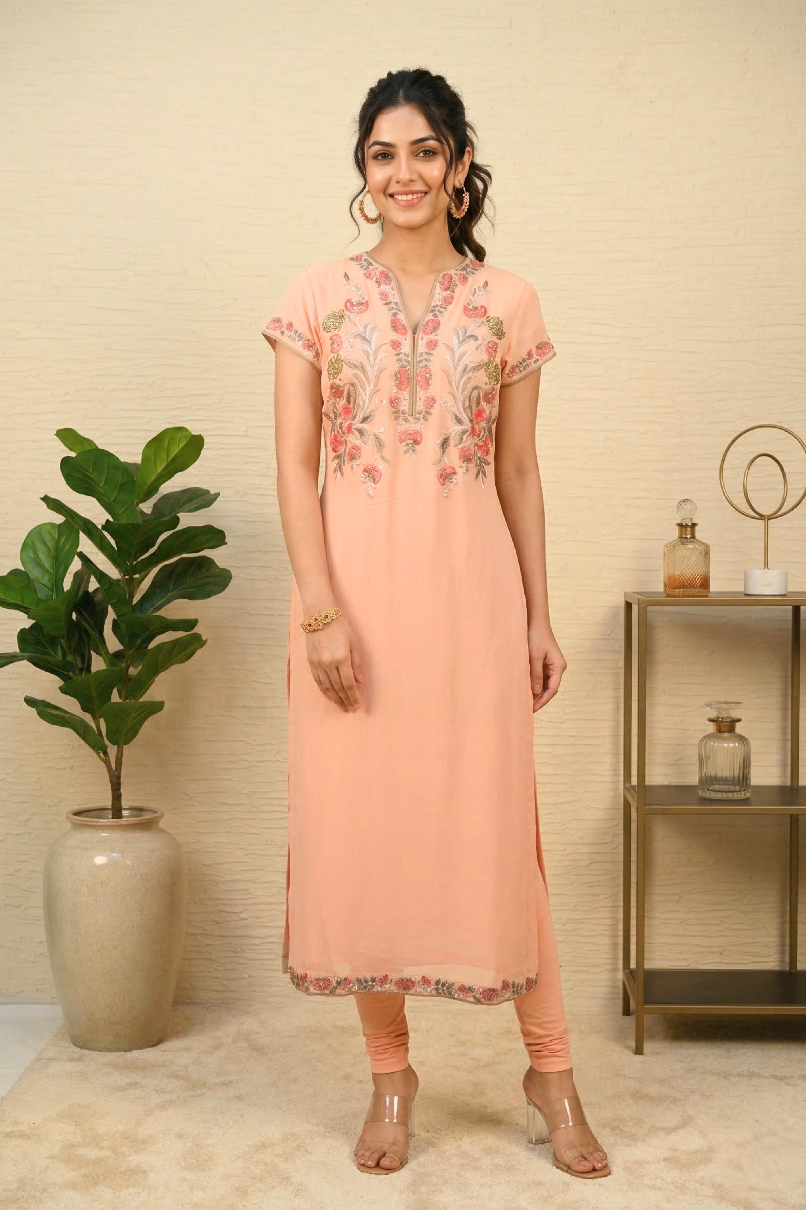 Baby pink georgette threadwork suit
