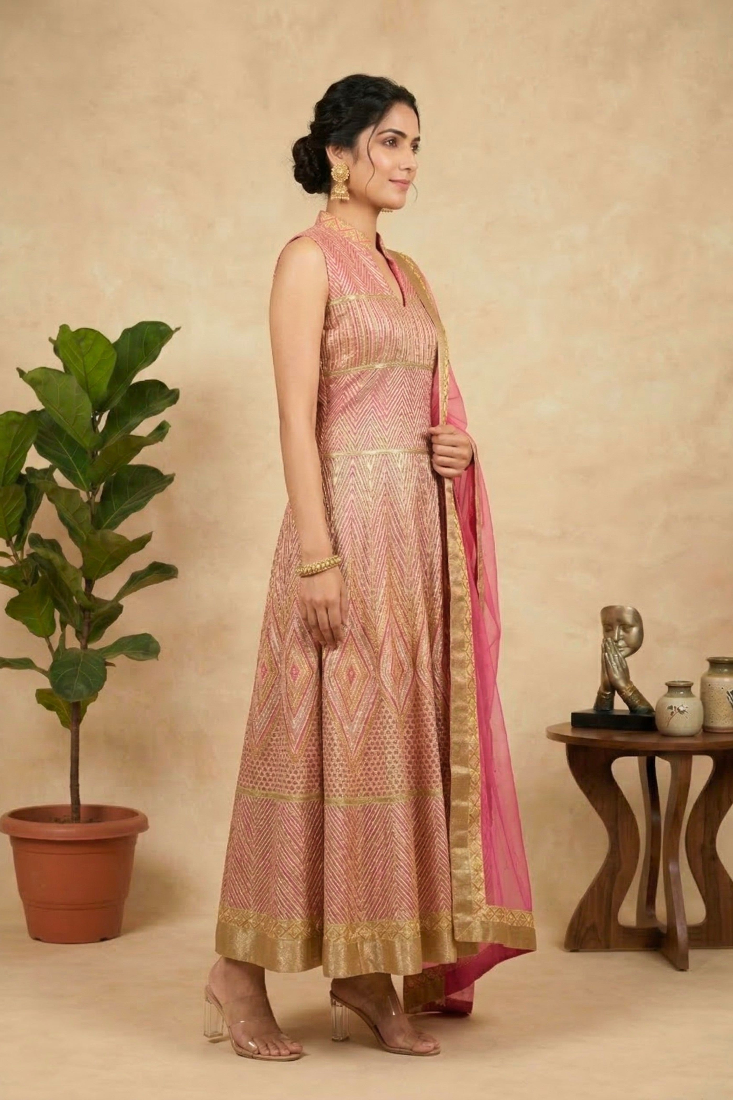 Pink fine gota light weight gown anarkali