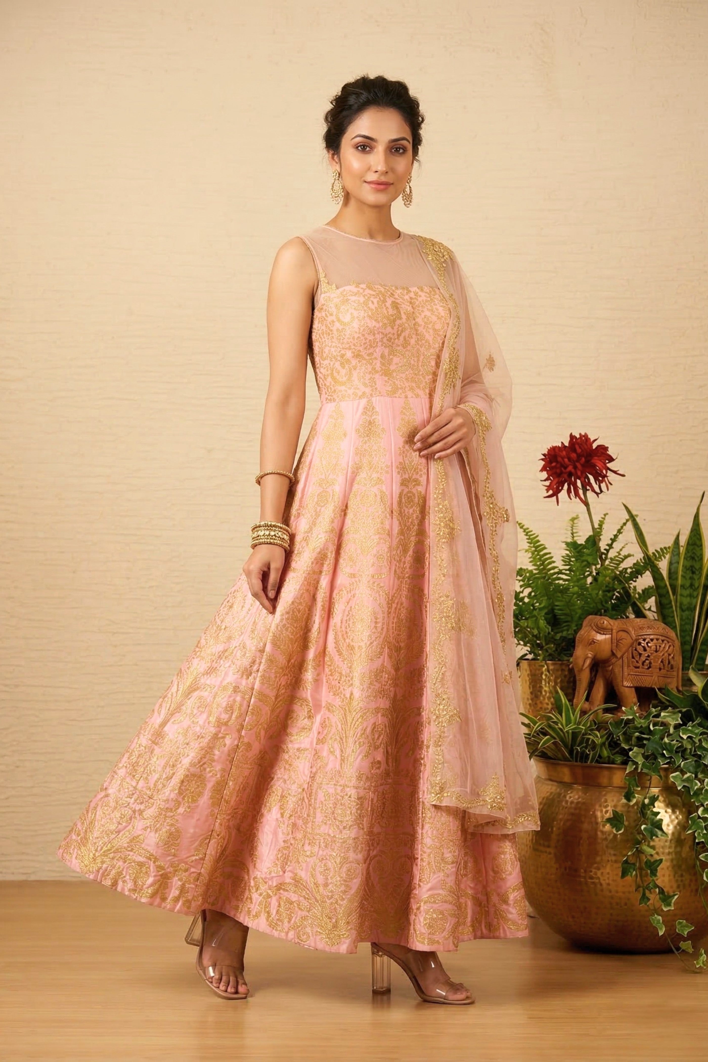 Light pink and matt gold applique gown