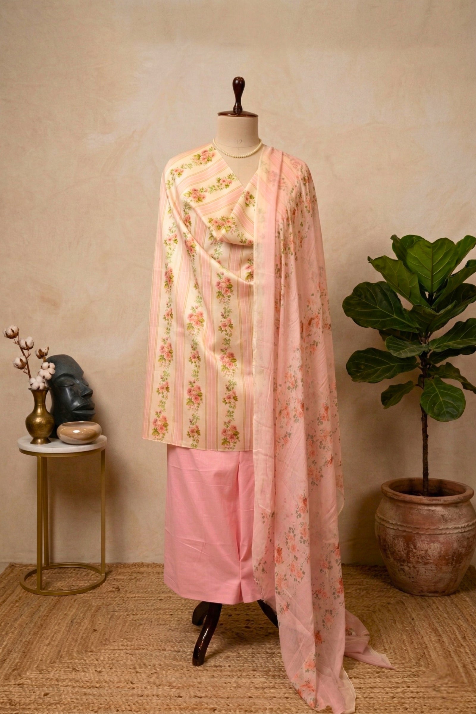 Pastel Pink Floral Stripe Swiss Cotton Suit with Chiffon Dupatta