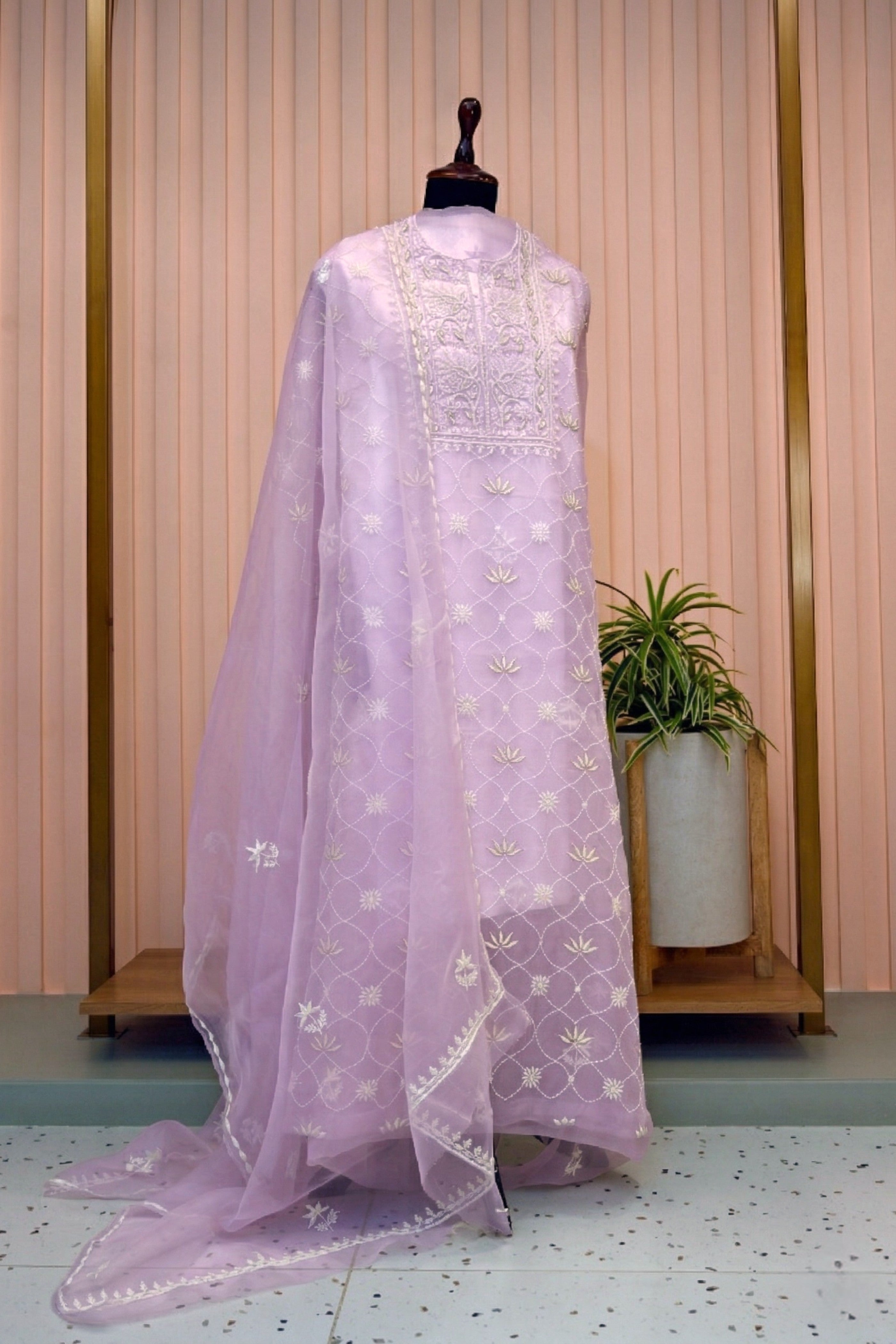 Lilac Organza Chikankari Suit Set