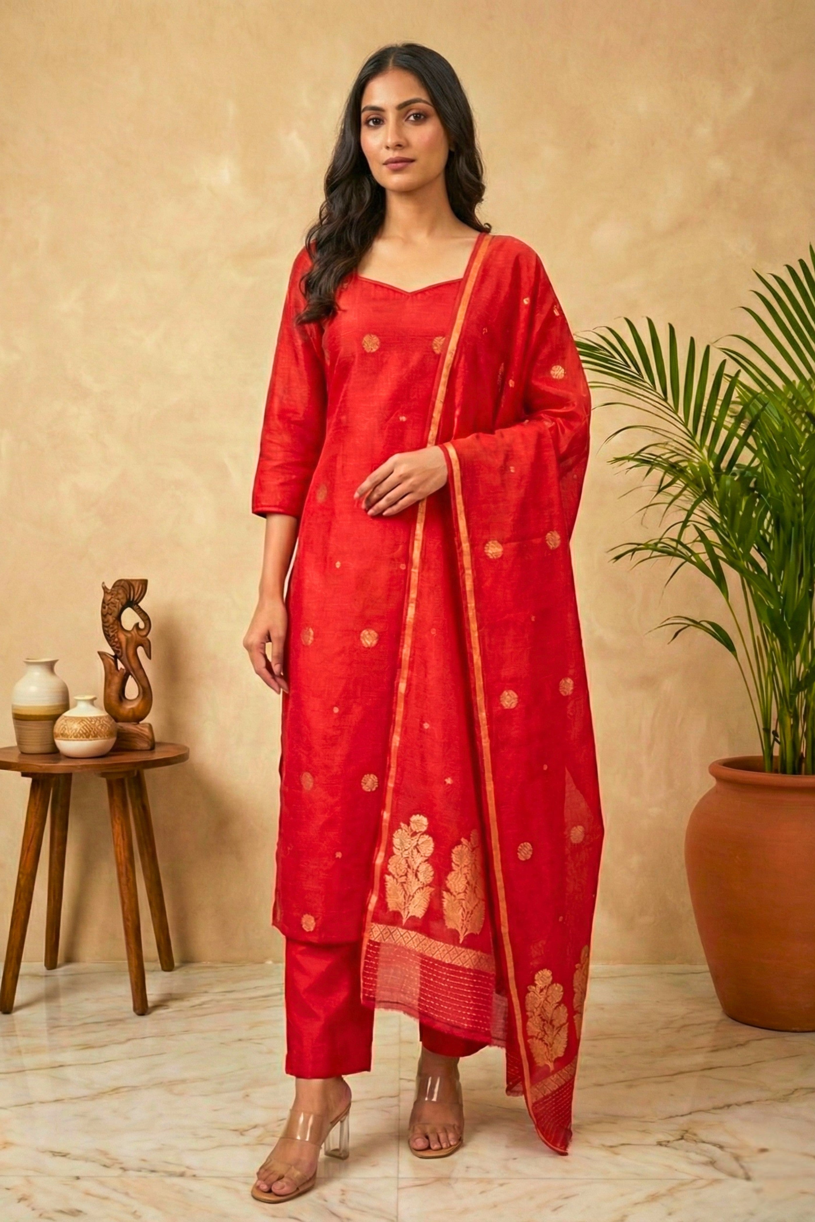 Brick Red Fine Silk Suit Set