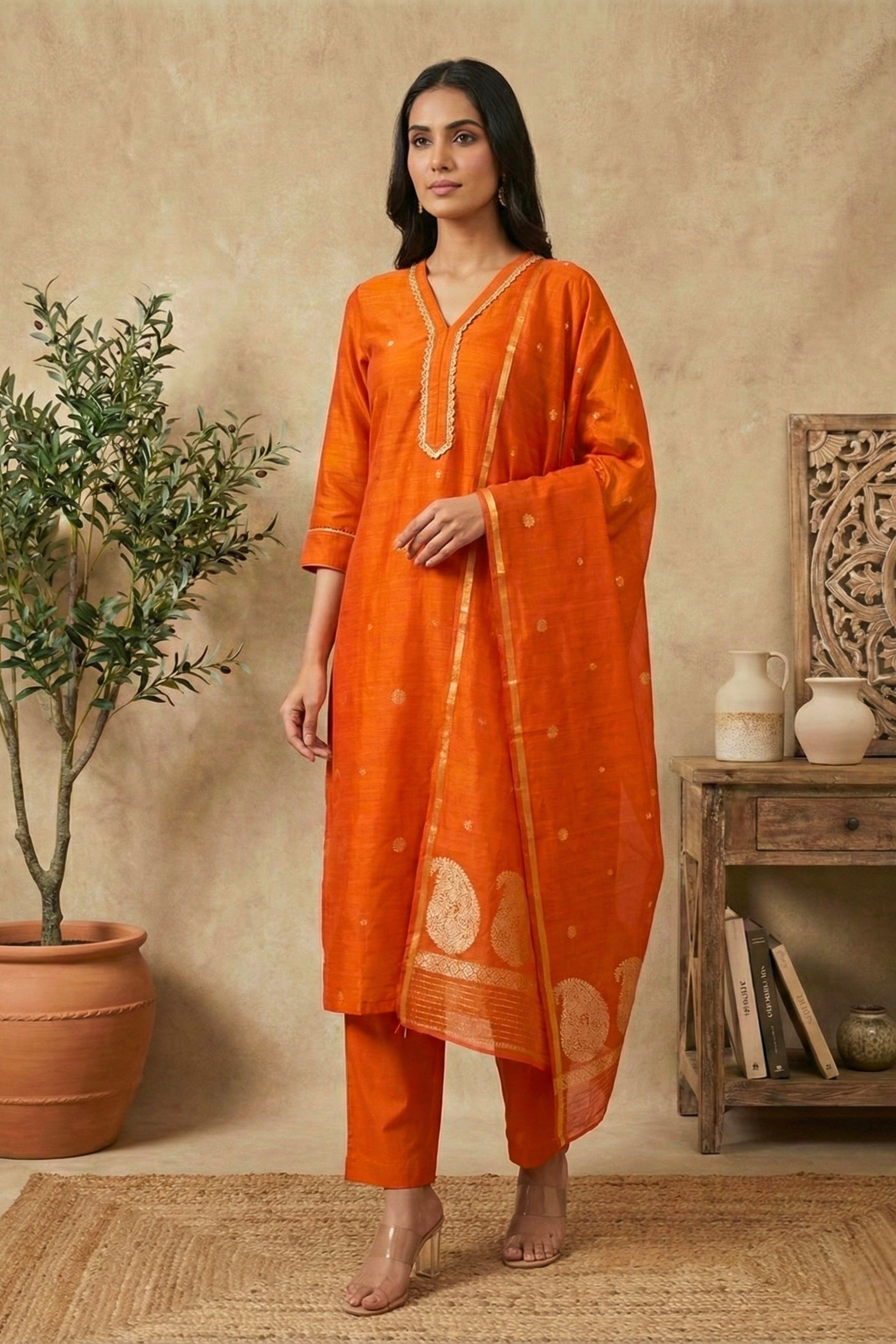 Tangerine Orange Fine Silk Suit Set