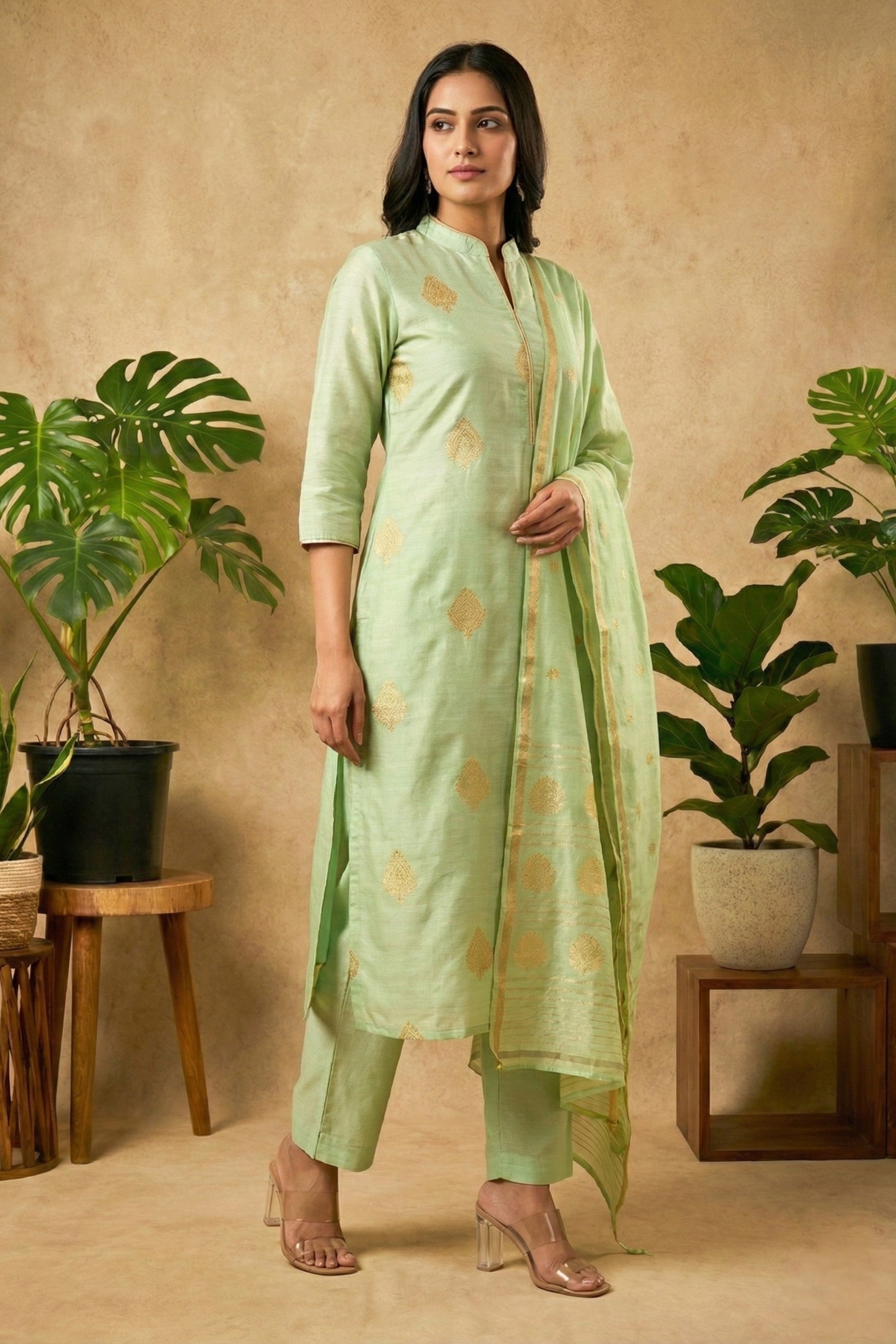 Pistachio Green Fine Silk Suit Set