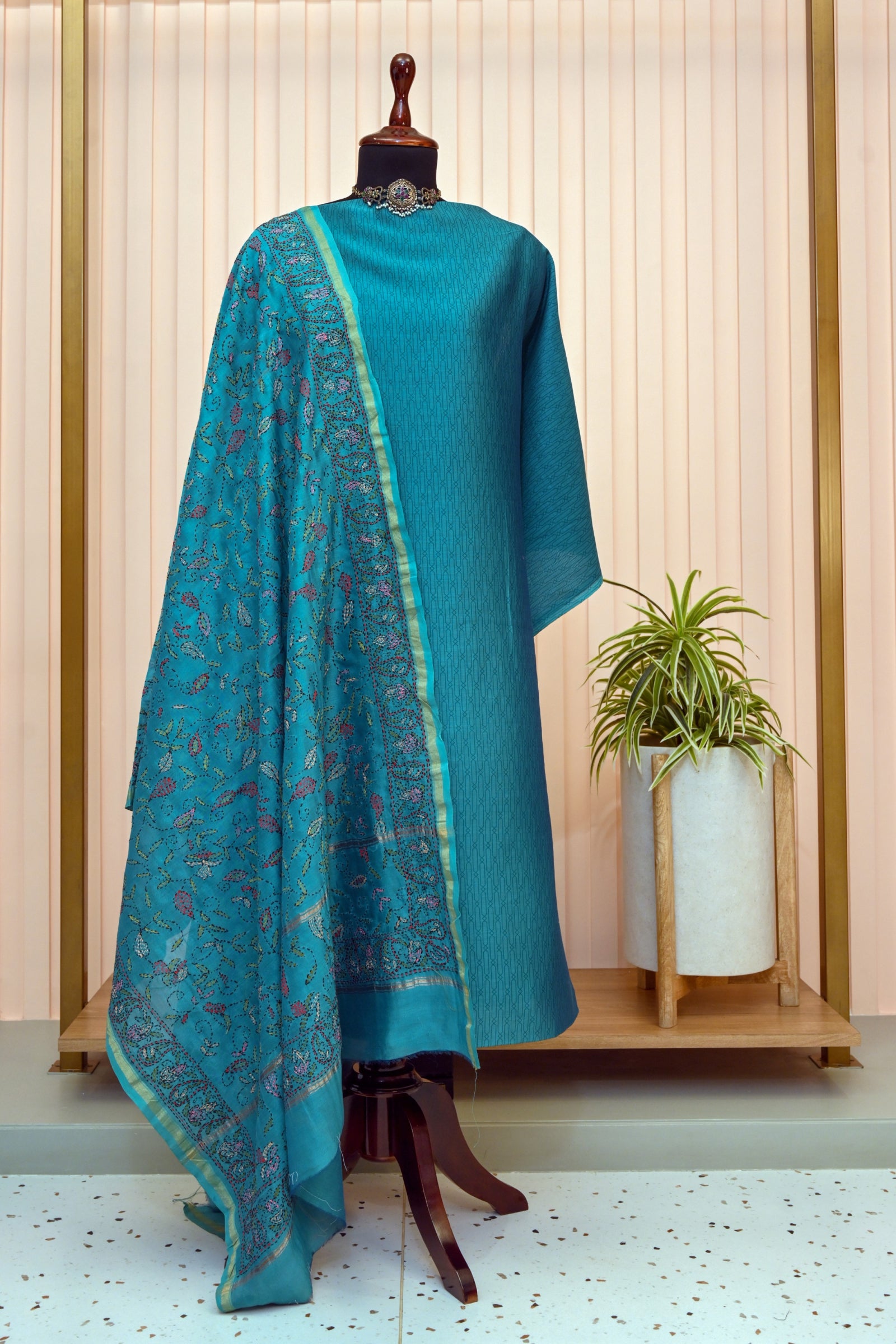 Peacock Blue Chanderi with Kantha Dupatta Suit Set