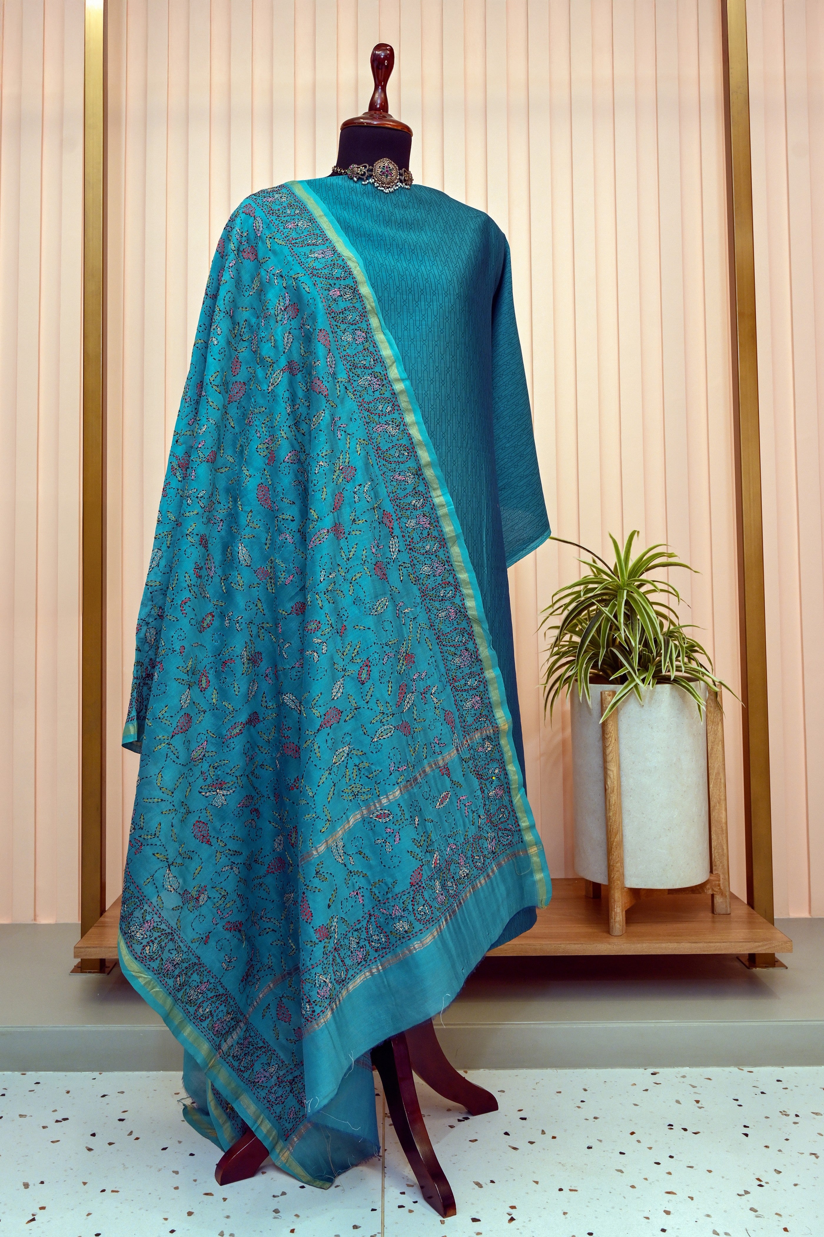 Peacock Blue Chanderi with Kantha Dupatta Suit Set